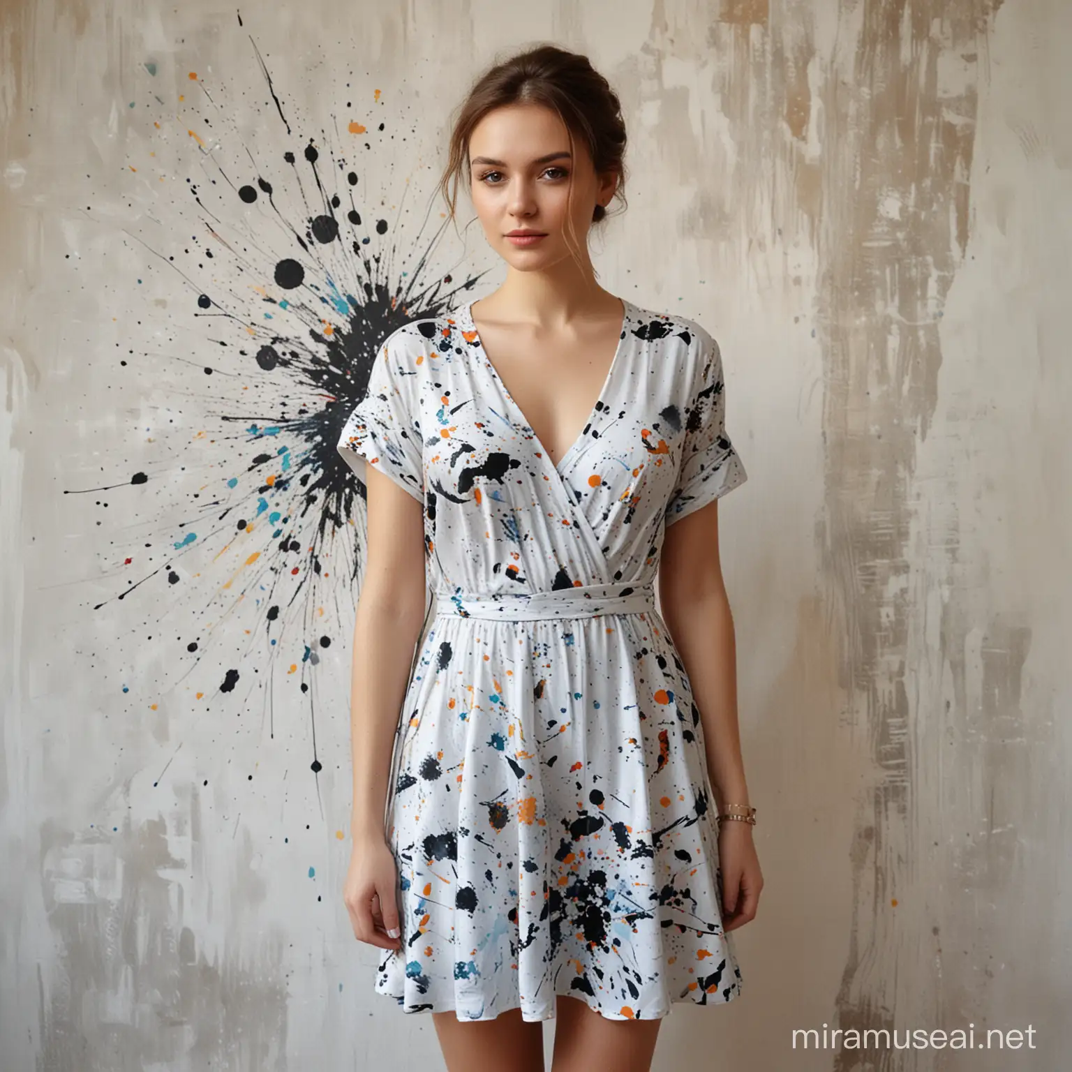  Mariya Berseneva painting a picture, paint splatters, modern day, muse, greek style dress