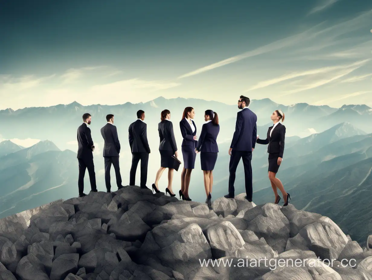 Group of banker women and men climbing to the top of the mountain from panoramic view