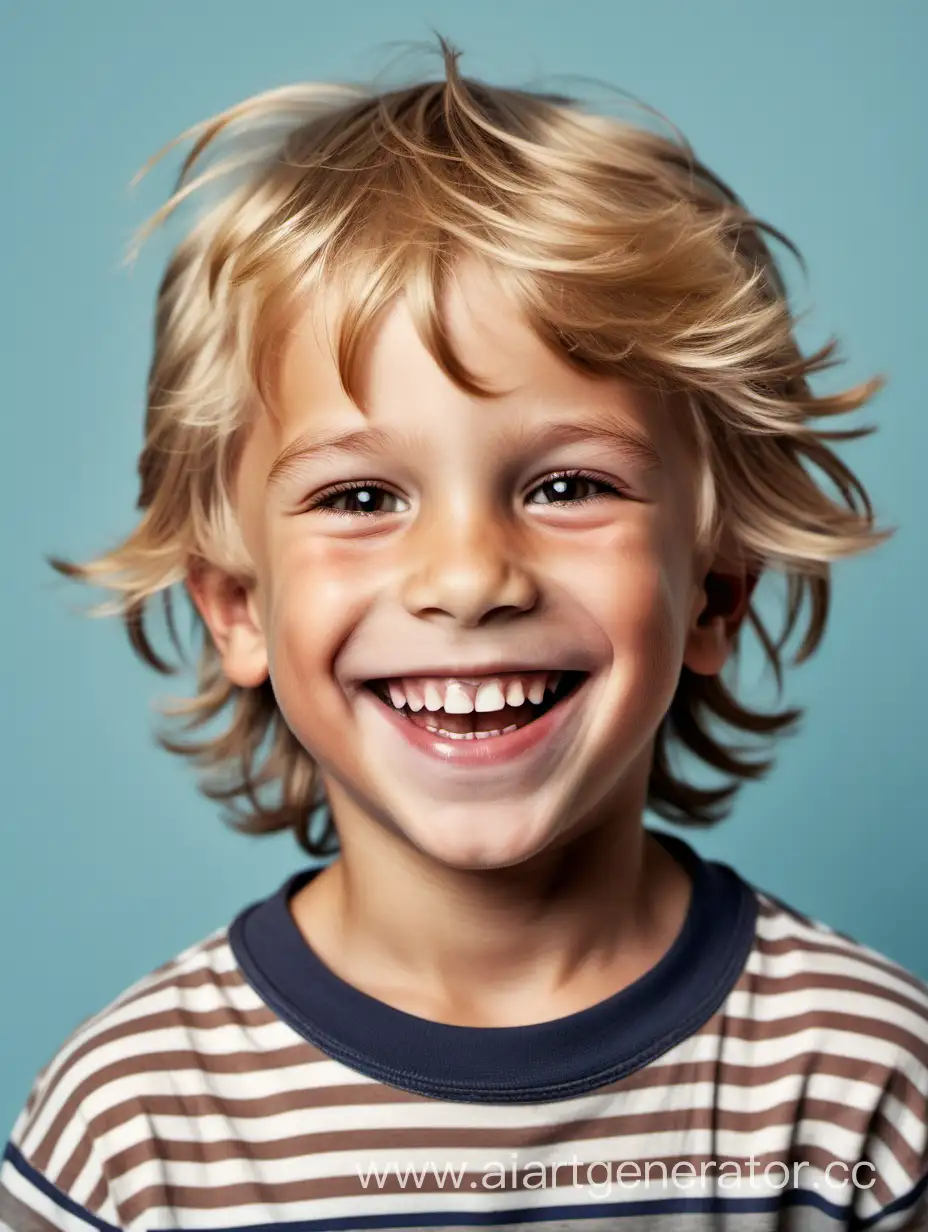 Очень счастливый семилетний мальчик с красивой улыбкой на лице. Лицо милейшее. Карие глаза. Блондин. Крутая шевелюра на голове в стиле восьмидесятых годов.