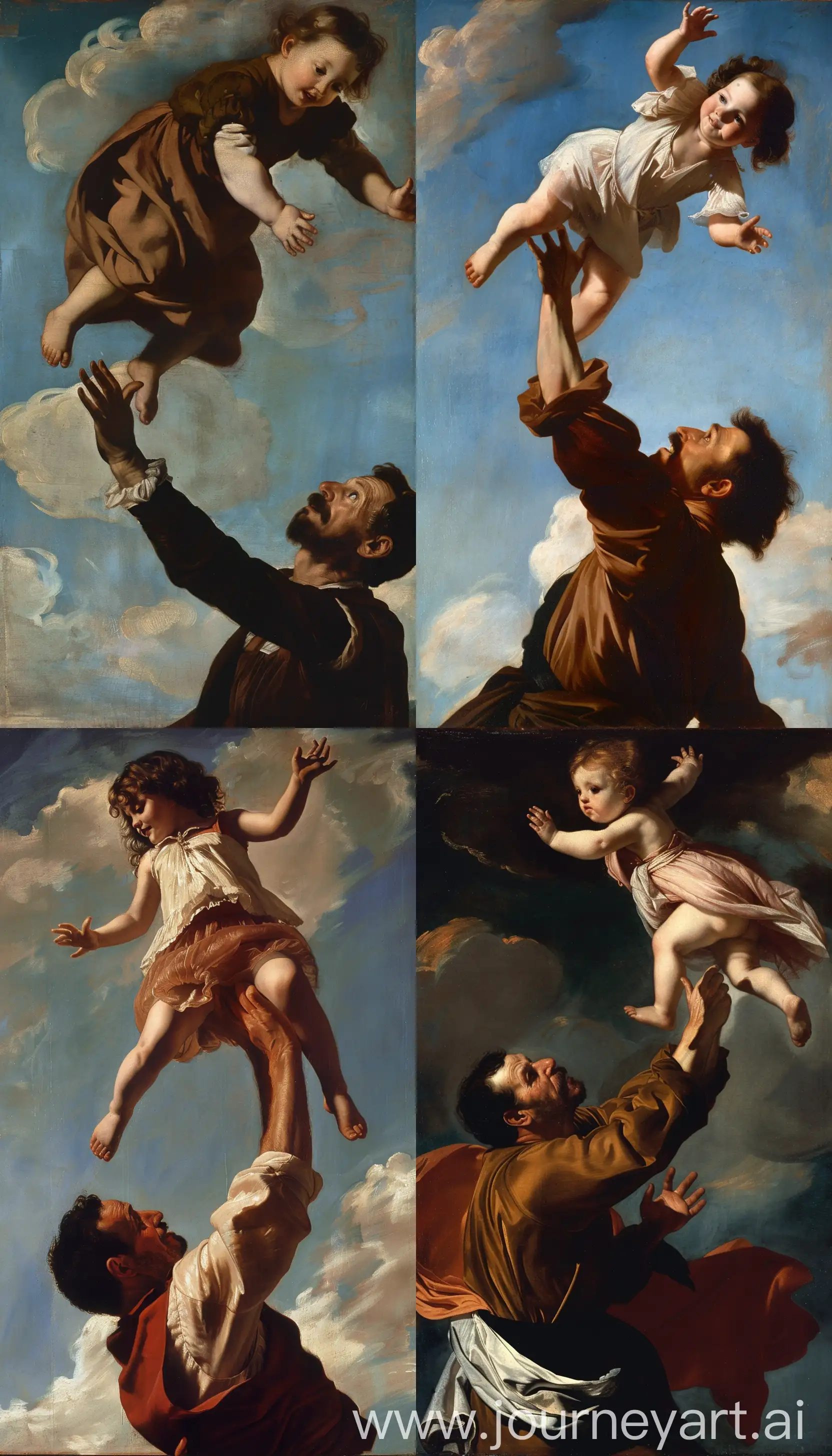 Low-angle view of the father tossing his daughter into the air against the sky, Caravaggio style --ar 4:7 --v 6