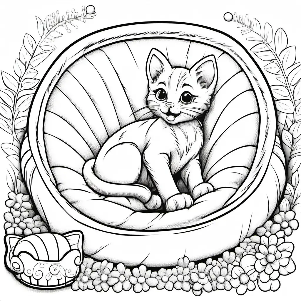 disegno da colorare per bambini di 6 anni che rappresenta un gattino dolce che gioca nella cuccia di un cagnolino - in bianco e nero