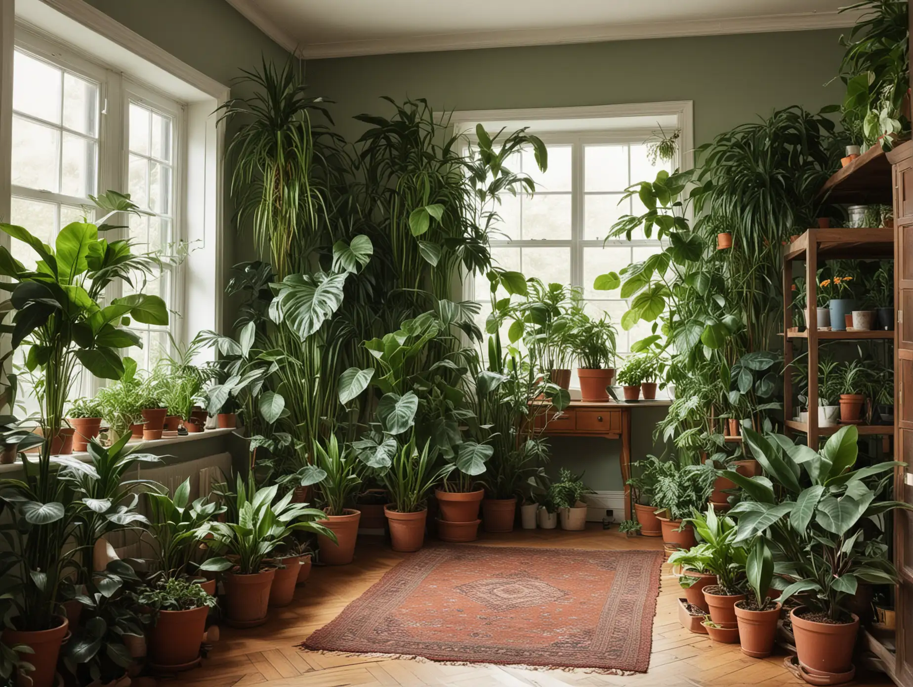 Lush Indoor Jungle Vibrant Room Filled with Diverse Houseplants