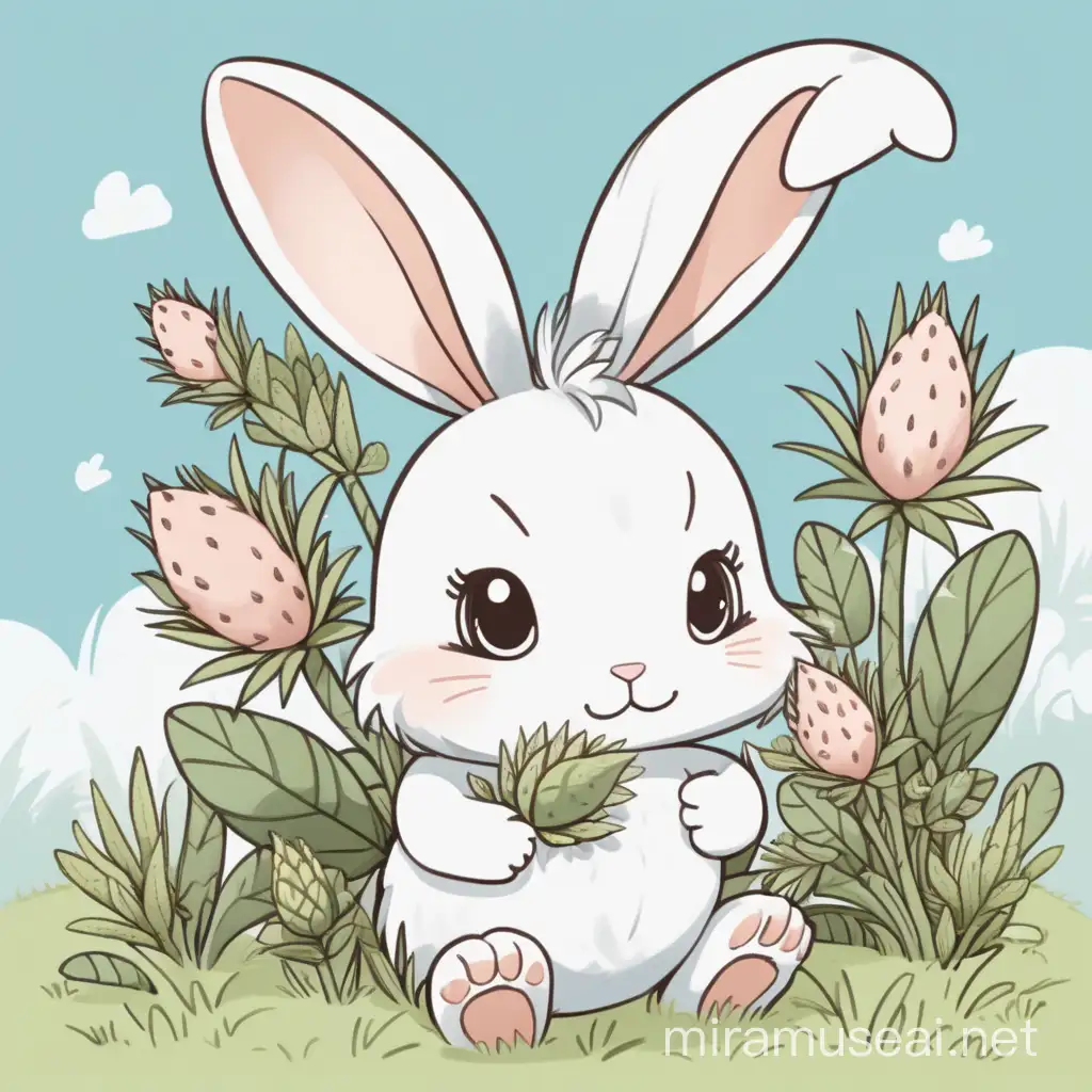 Adorable Chibi Rabbit with Prickly Plant in a Cozy Meadow