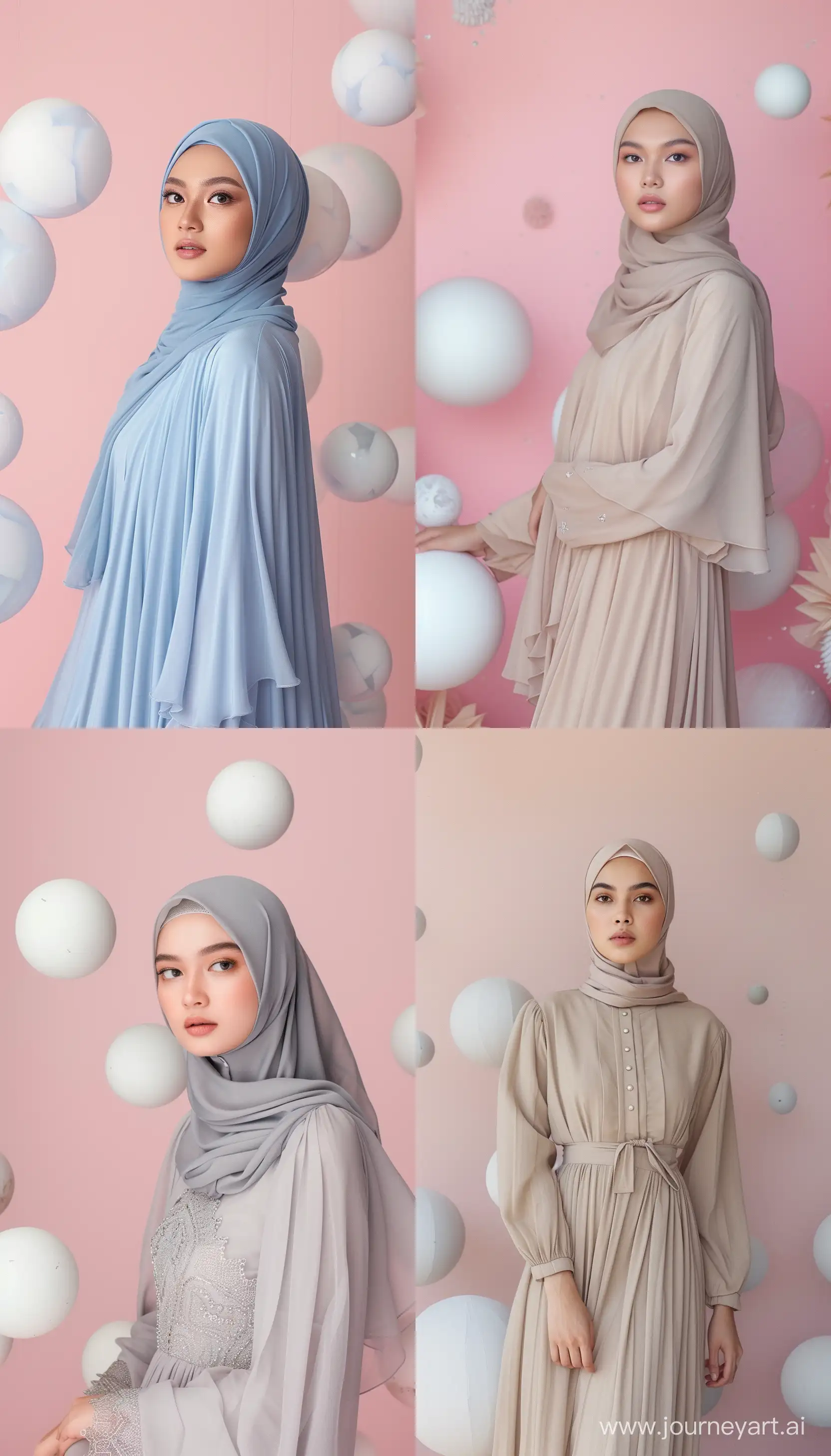 Stunning young Indonesian woman wearing hijab dress standing against group of divided spheres, pale pink background, high quality photography, full shot --ar 4:7 --v 6