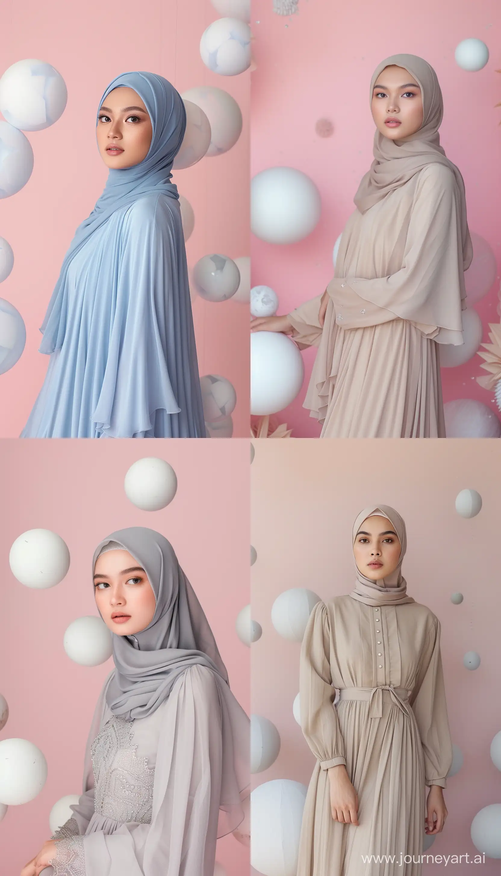 Graceful-Indonesian-Woman-in-Elegant-Hijab-Dress-Amidst-Divided-Spheres