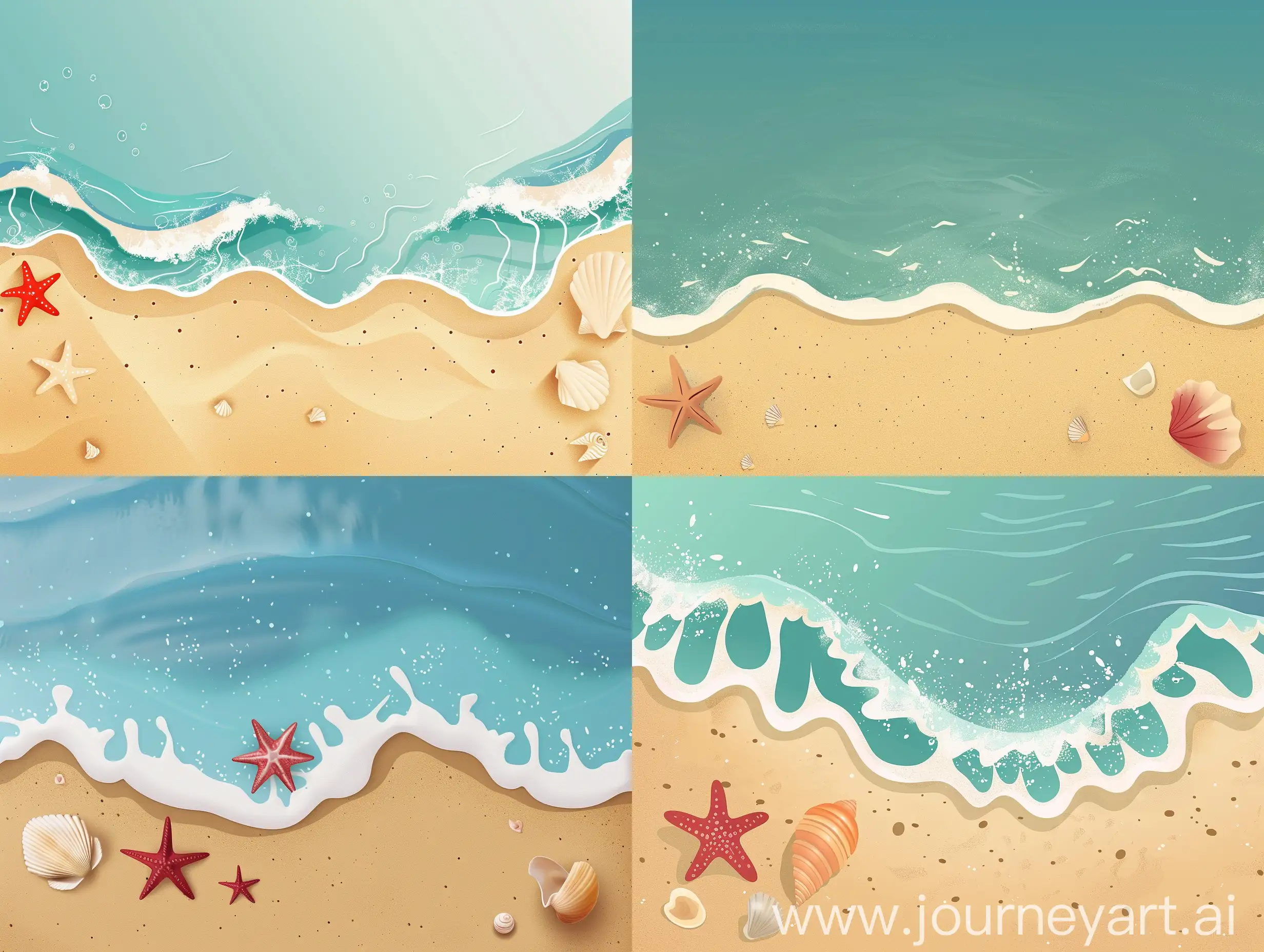 minimalism，flat style，sense of depth，ocean wave，sand beach，ocean，starfish，seashell，