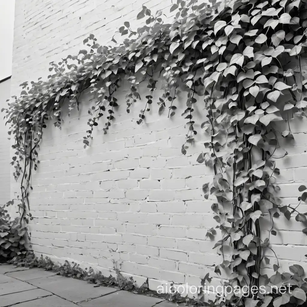 vines growing up brick wall, Coloring Page, black and white, line art, white background, Simplicity, Ample White Space. The background of the coloring page is plain white to make it easy for young children to color within the lines. The outlines of all the subjects are easy to distinguish, making it simple for kids to color without too much difficulty