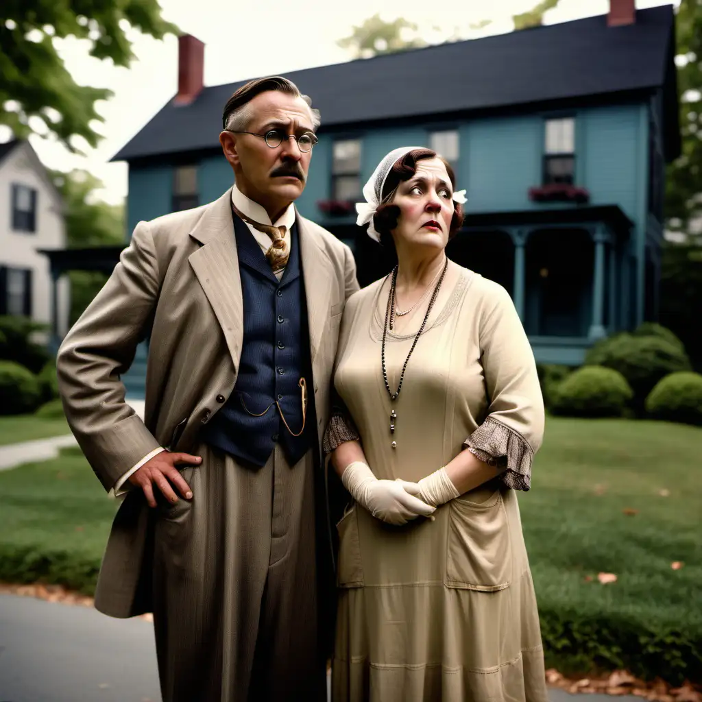 Full colour image. 1920s. A married couple in their late 40s. He is a history professor and she is a frustrated housewife. Background is their house in Salem Massachusetts.