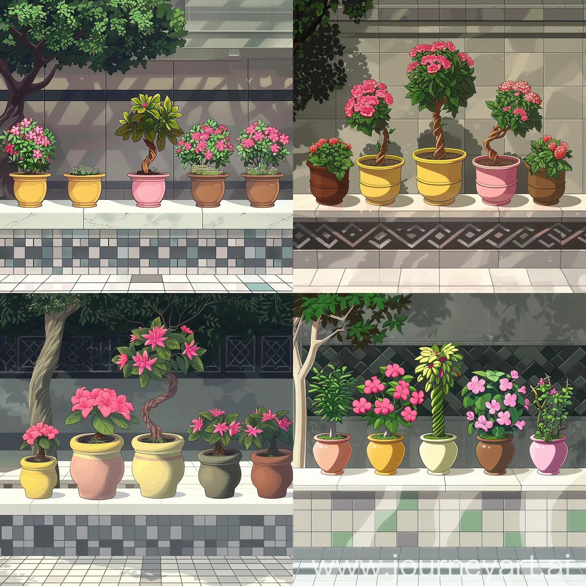 Beautiful anime style,Makoto shinkai style,five potted plants on a white ledge. Here’s a detailed description:  Pots: There are five pots in different colors - yellow, pink, two in brown, and green. Plants: Each pot contains a plant with vibrant pink flowers, except for the central one, which has green leaves and a visibly twisted stem. Background: Below the ledge, there’s a grey and black patterned section, and the floor is tiled with white squares outlined in grey. It seems like a well-arranged display of plants, possibly for decorative purposes or to create a small indoor garden. The twisted stem in the middle pot adds an interesting visual element to the arrangement,a tree to the extreme left side can be seen.