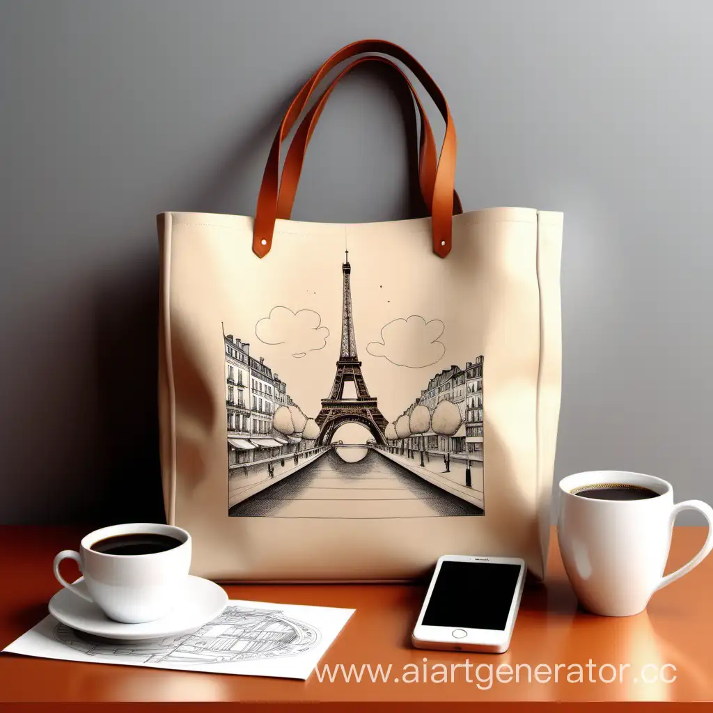 Нарисуй красивы арт для женской сумки. Сумка стоит на столе с кофе, а на против франция, тепло, любовь.