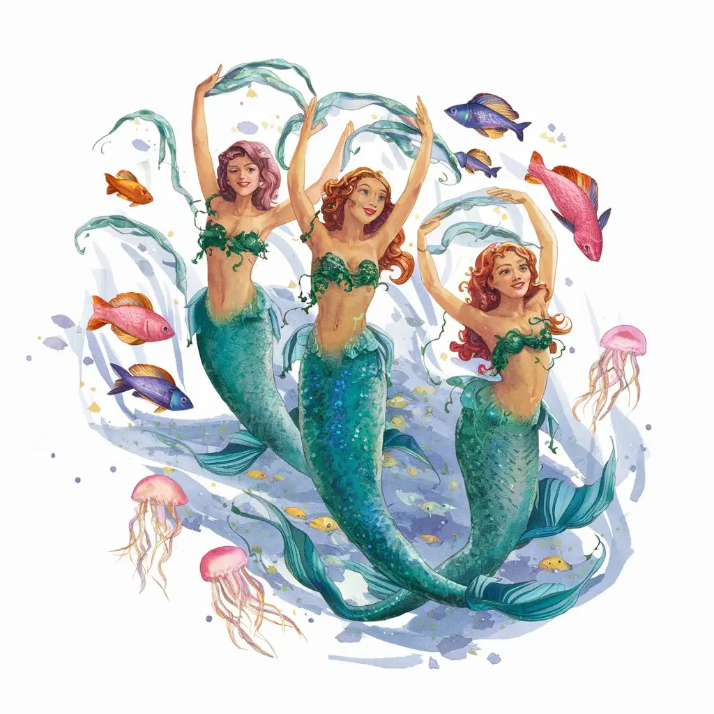A graceful design featuring mermaids performing an elegant underwater ballet surrounded by schools of fish, graceful jellyfish. Watercolour painting artwork beautiful magical enchantment welcoming friendly.  White background 