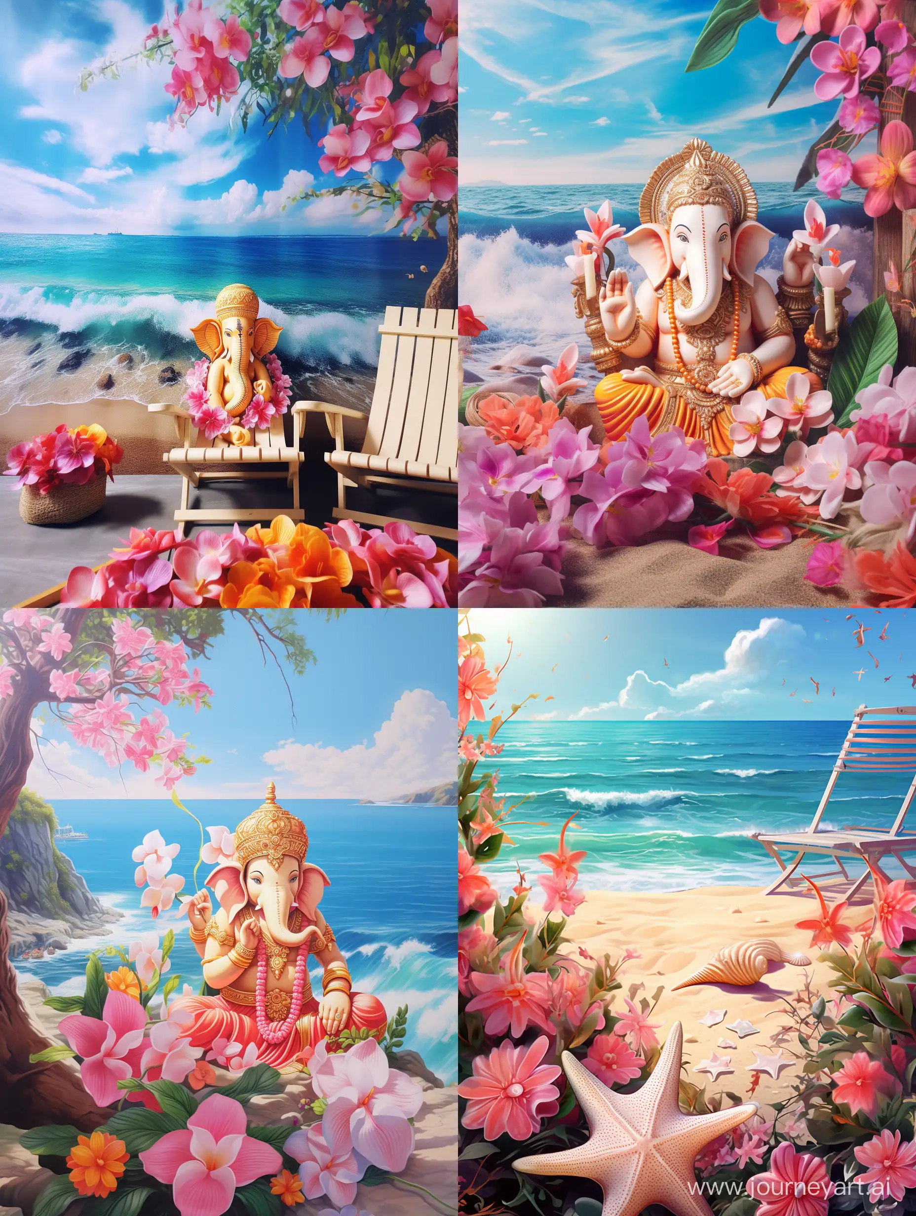 vibrant wallpaper with sakura and Ganesha God on a beach on a sunny day