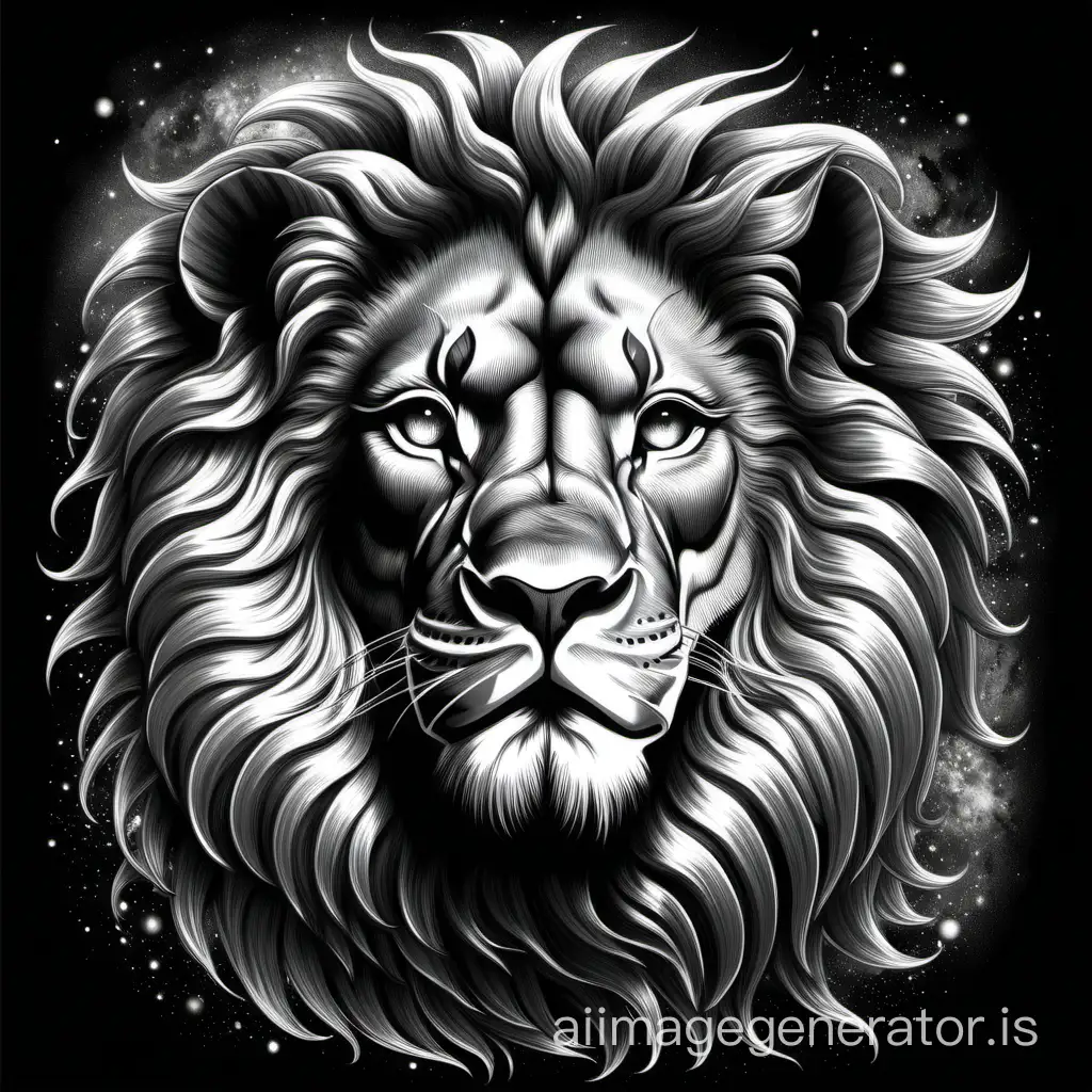 Craft a hyper-realistic drawing prompt for a T-shirt design destined to be a bestseller. Capture the essence of a majestic lion, its mane flowing dynamically, surrounded by an ethereal blend of cosmic elements. Ensure the details are meticulously rendered, highlighting the intensity in the lion's eyes and the interstellar beauty of the cosmic backdrop.  Opt for a grayscale color scheme to enhance the realism, with subtle contrasts to bring out the intricate features. Emphasize fine textures, like the lion's fur and cosmic dust, to add depth to the design. Position the lion as a symbol of strength and cosmic energy, creating a captivating visual narrative that resonates with a wide audience.