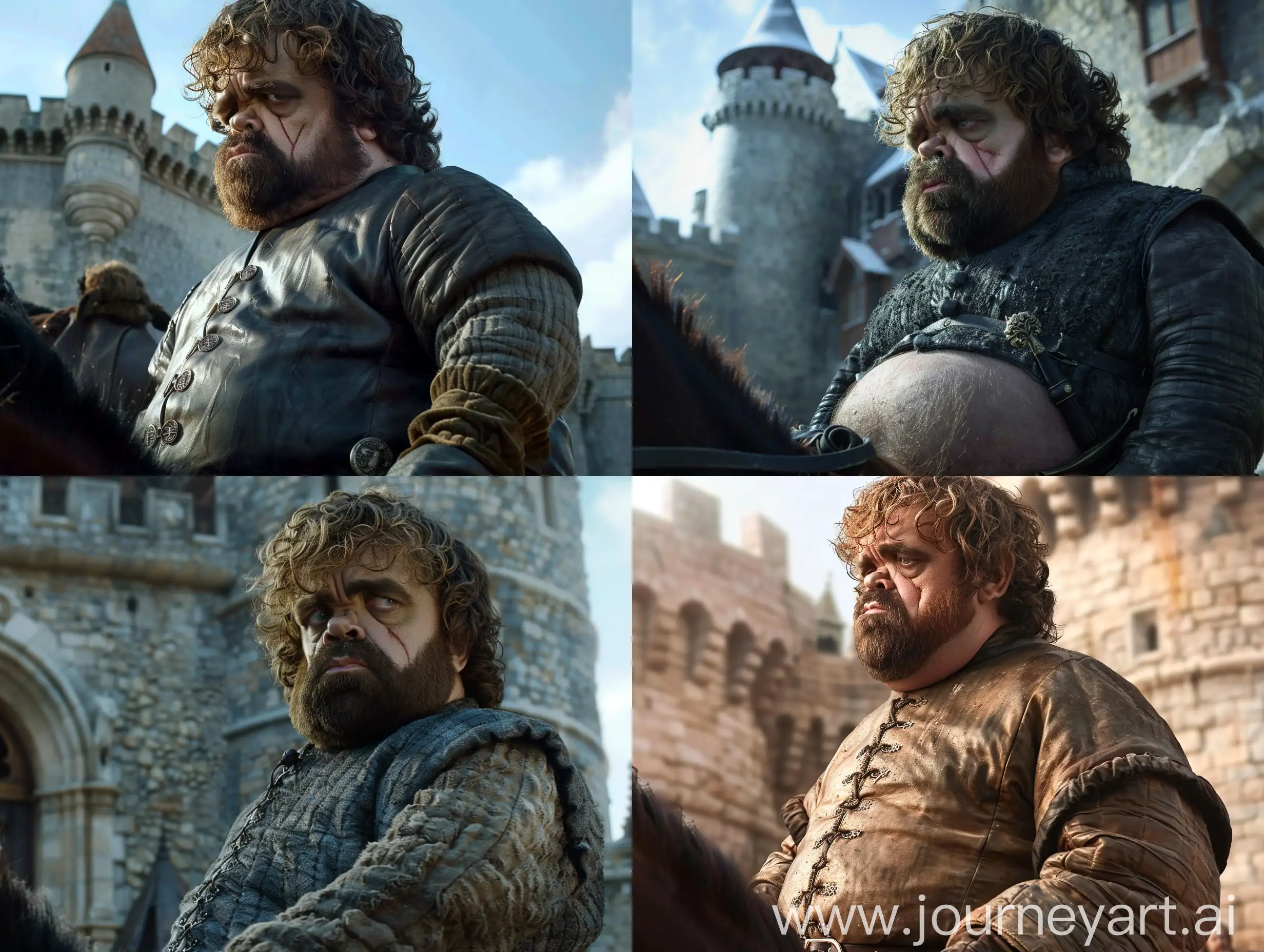 Tyrion Lannister in Game of Thrones, Tyrion Lannister is very fat, Tyrion Lannister's face and body are very fat, Tyrion Lannister tries to ride his horse, the camera captures the fat Tyrion Lannister from the side, the camera emphasizes his enlarged frame, The background is Winterfell Palace, the style of Witcher, the lighting is classic style, realistic, clear, q2
