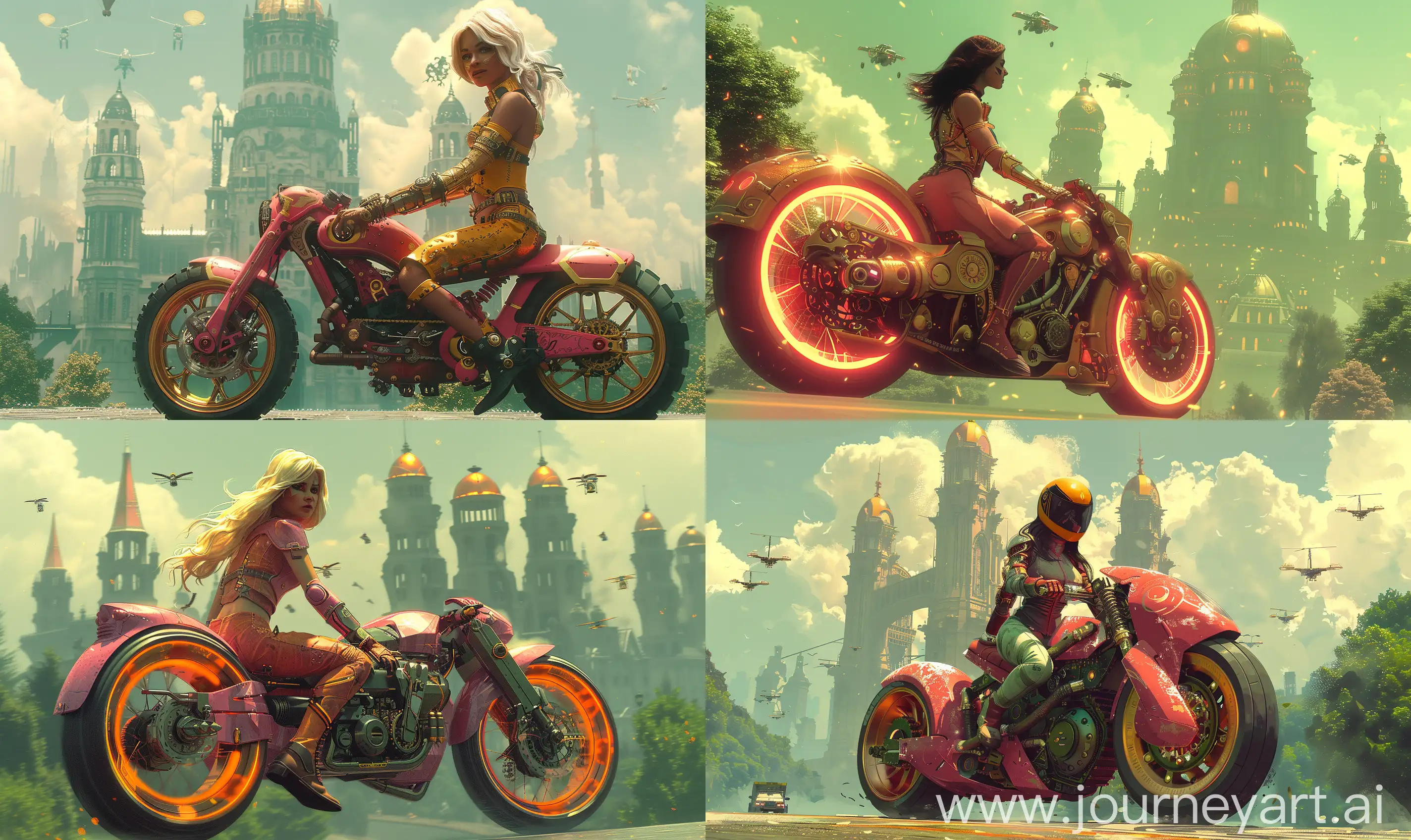 Futuristic-Steampunk-Amazon-Warrior-Riding-Motorcycle-in-VictorianInspired-Cityscape