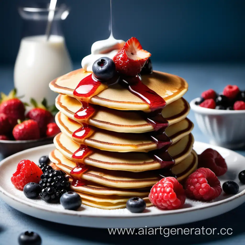 Stack-of-Delectable-Pancakes-with-Fresh-Berries-and-Sour-Cream