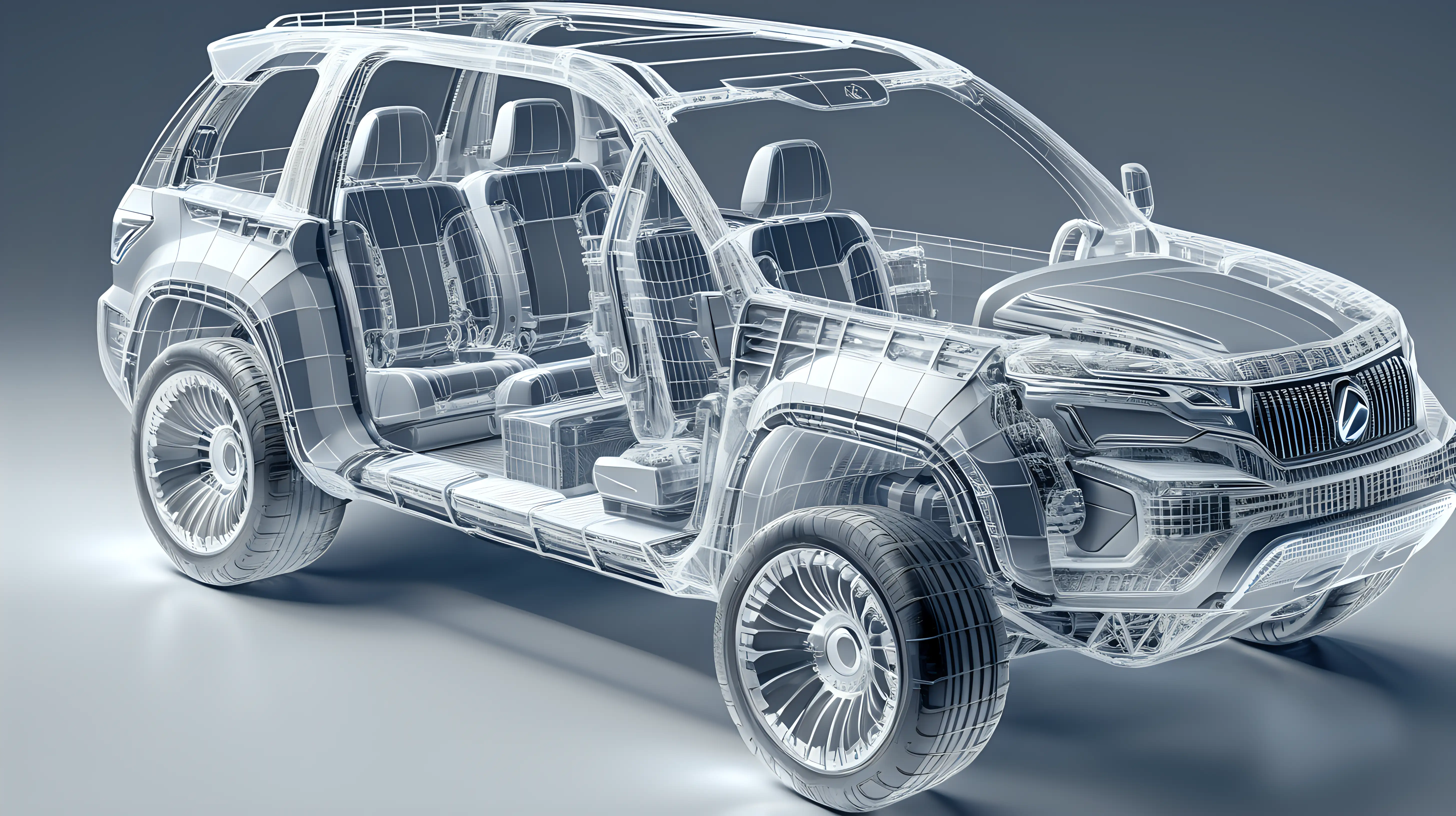 AN image of an SUV in wireframe shape showing the internal components engine, gearbox, electronics
