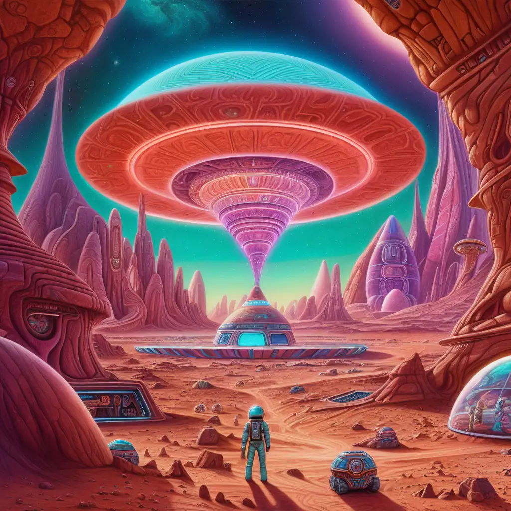 A psychedlic DMT experience on planet mars

Make it futuristic with dull colours