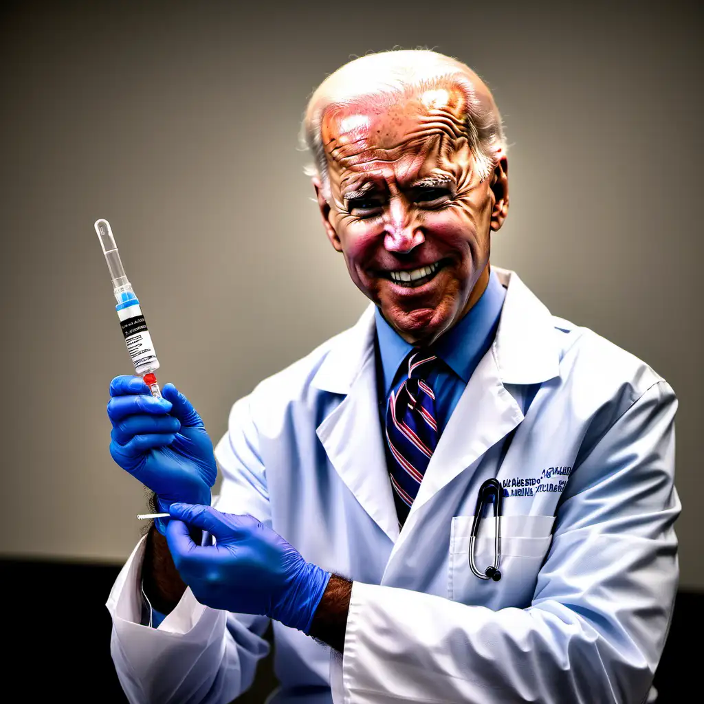 joe biden, as a doctor, slight laughter, holding a syringe