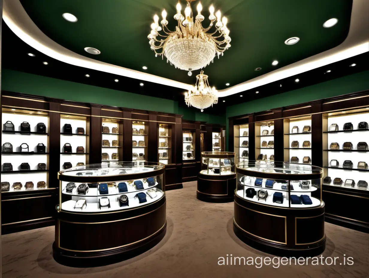 A retail luxury watch store with low ressessed lighting, low ligh atmosphere, romeantic setting, with dark rich wood display cases throughout, crystal chandeliers, and luxury watches are displayed within the cases storewide. The store has sexy neautiful models throughout waiting to assist you with picking out a watch, and are dressed in elegant dresses and professional attire/ There are lit watch logo brand signs on the walls throughout the store. The store is a medium to large sixed store with lush carpets and britidh racing green colored walls throughout with dark wood accents and gold brass trim. It resembles a high-end luxury watch store with the look of an expensive jewelry store.