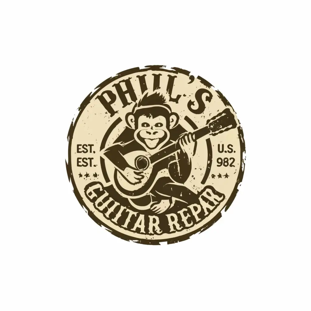 a logo design,with the text "Phil’s Guitar Repair", main symbol:Monkey holding guitar,complex,be used in Entertainment industry,clear background