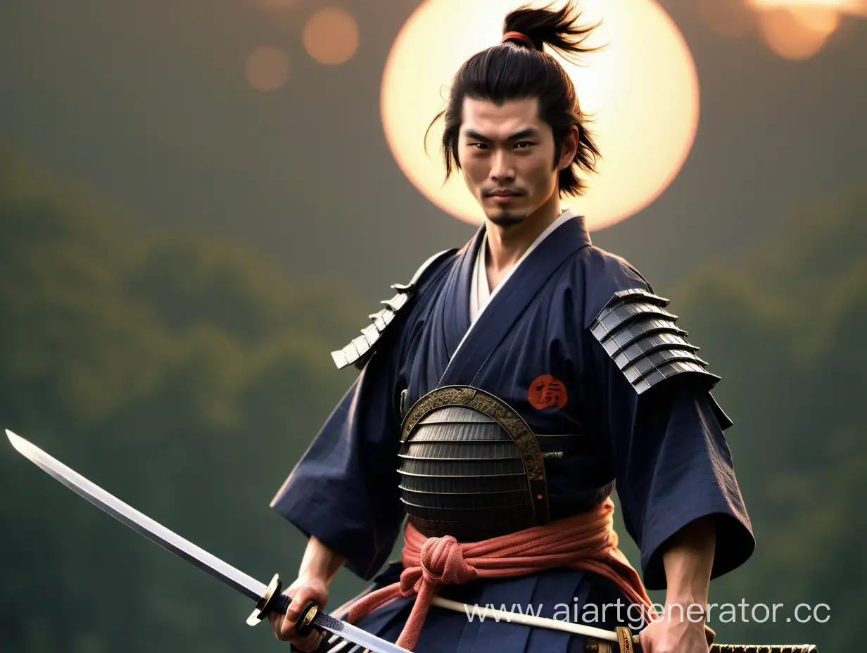 Молодой самурай  ;  На восходе солнца  обнажил свой меч с лёгкой улыбкой на лице