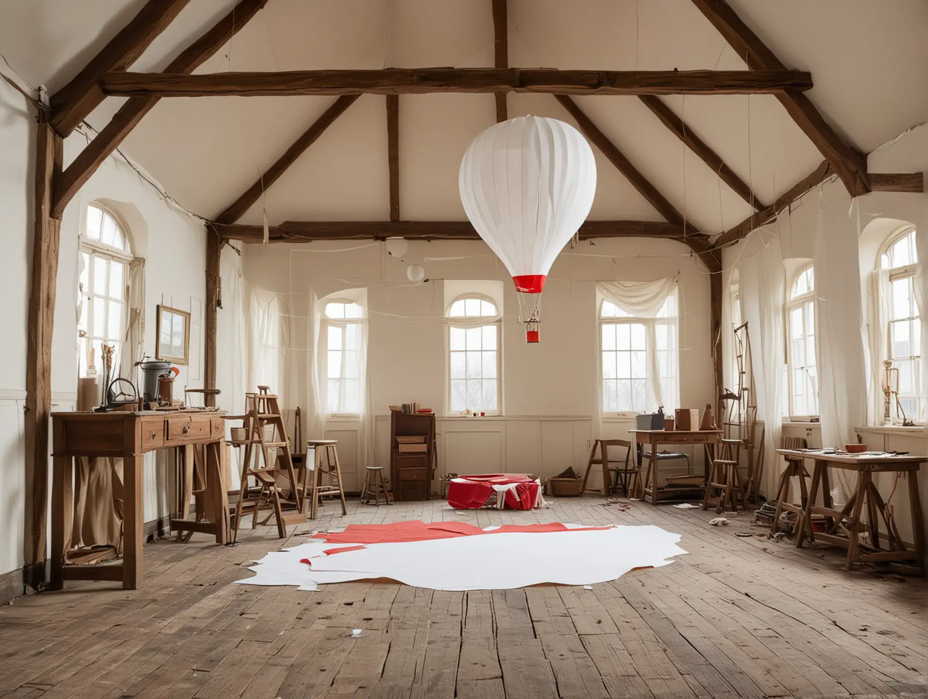 18th-Century-Workshop-Interior-Red-and-White-Paper-Hot-Air-Balloon-Construction