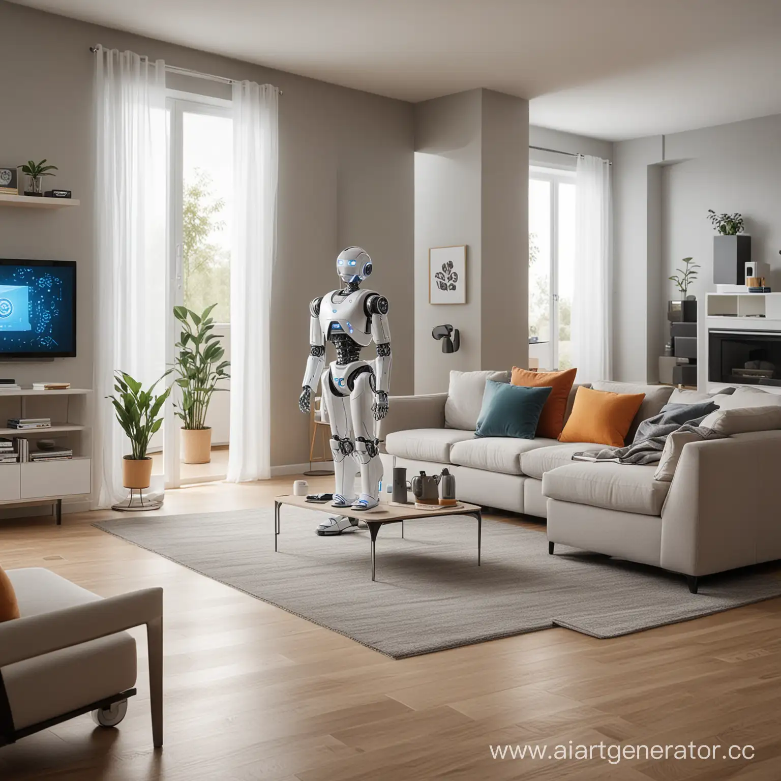 a living room where a robot rides and does everything around the house
; household appliances for the house of the future