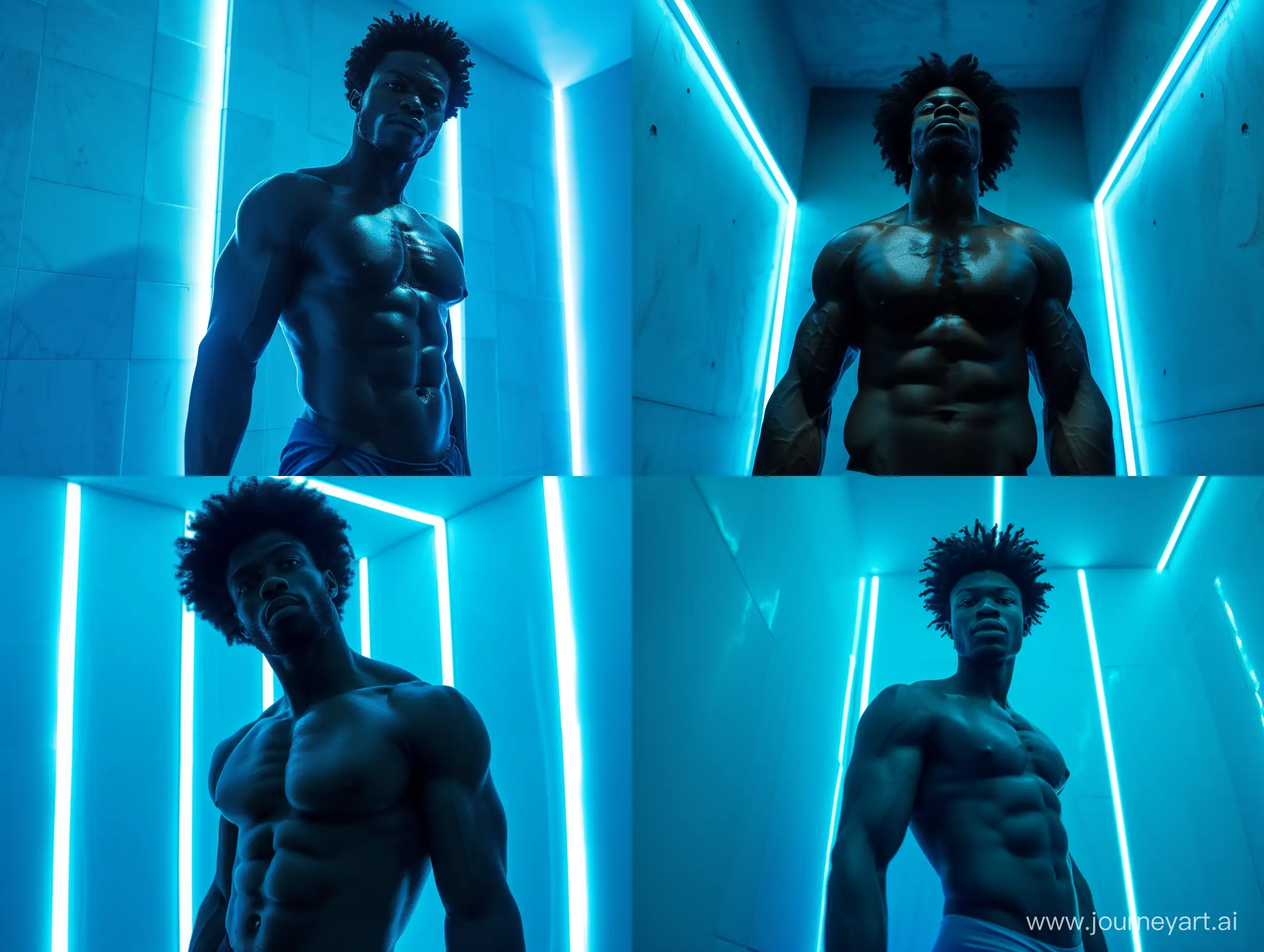 A handsome black afro man, exuding confidence and strength, stands in his room illuminated by a vibrant blue LED strip. The room is minimalist, with clean lines and a sleek design. The blue light creates a futuristic and captivating atmosphere. The man's sculpted abs glisten under the soft glow, emphasizing his physical fitness and allure. The camera captures his chiseled features and magnetic presence. The shot is composed with dynamic angles, adding a sense of energy and movement. The camera used is a mirrorless camera with a wide-angle lens, set to a low ISO and a fast shutter speed to capture the details of his physique.
