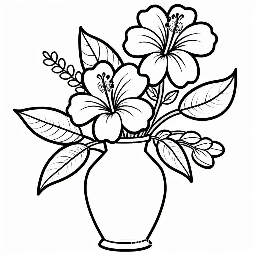Hawaii flower in vase, Coloring Page, black and white, line art, white background, Simplicity, Ample White Space. The background of the coloring page is plain white to make it easy for young children to color within the lines. The outlines of all the subjects are easy to distinguish, making it simple for kids to color without too much difficulty