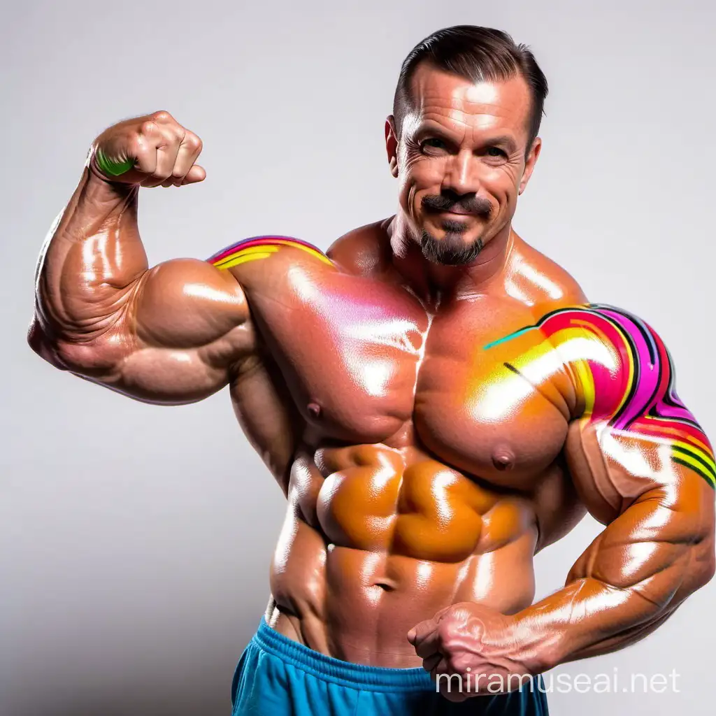 Topless 40s Ultra Meaty IFBB Bodybuilder King Having Multi-Bright Highlighter Coloured in Crux pattern see through shirt Flexing Big Strong Arm