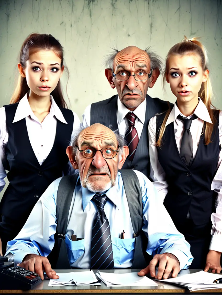 Realistic Portrait Ugly Old Business Man with Two Cute Secretaries