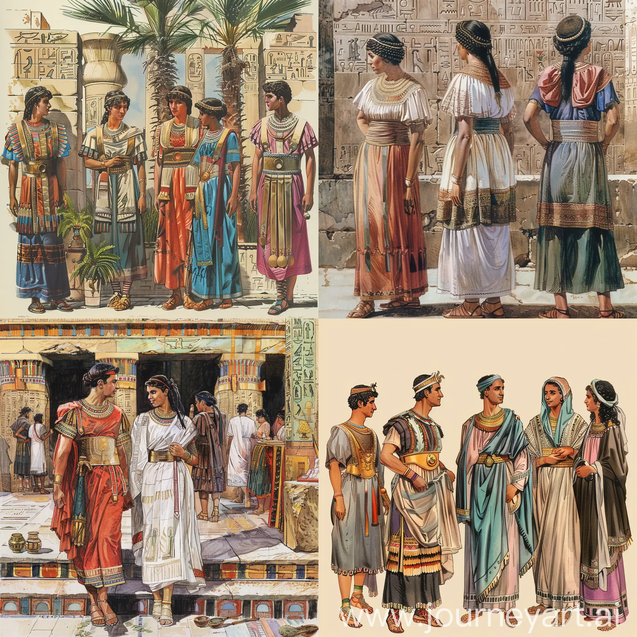  Roman period, with Egyptian citizens wearing tunics and togas.
Text: "Roman Influence: Adaptation and Assimilation"
Description: Exploring the influence of Roman rule on Egyptian fashion, highlighting the adoption of Roman styles alongside traditional Egyptian attire.