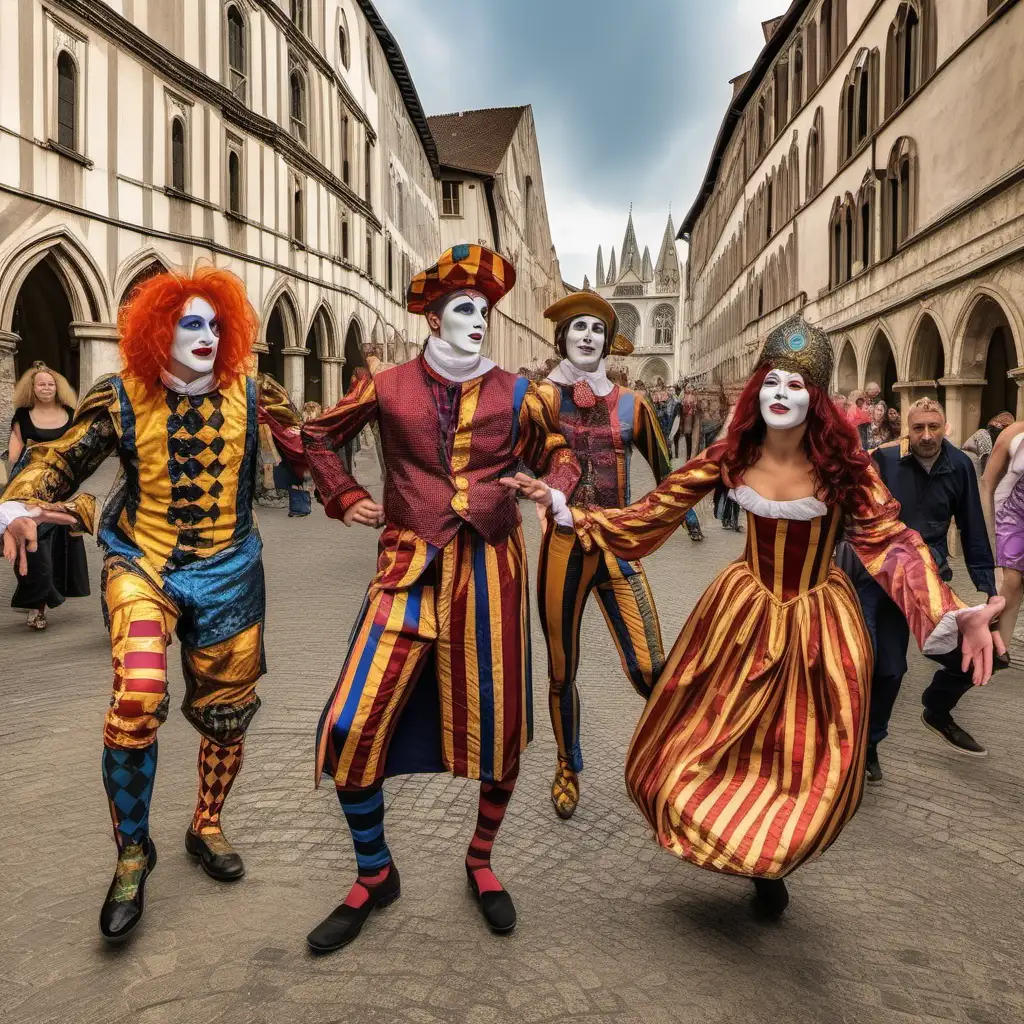 Botticelli Style: High Quality, 8K Ultra HD, Surreal:: Renaissance, Landscape: Medieval City with Chartres Cathedral and Stage: Comedians known as commedia dell'arte actors enter the market square jumping merrily: Harlequin, Columbine, Pantelone, Captain: Comedians with wooden masks act in characteristic dancing poses and invite the public to the show - Harlequin the main character in the pantomime: Harlequin and Columbine embrace and kiss: