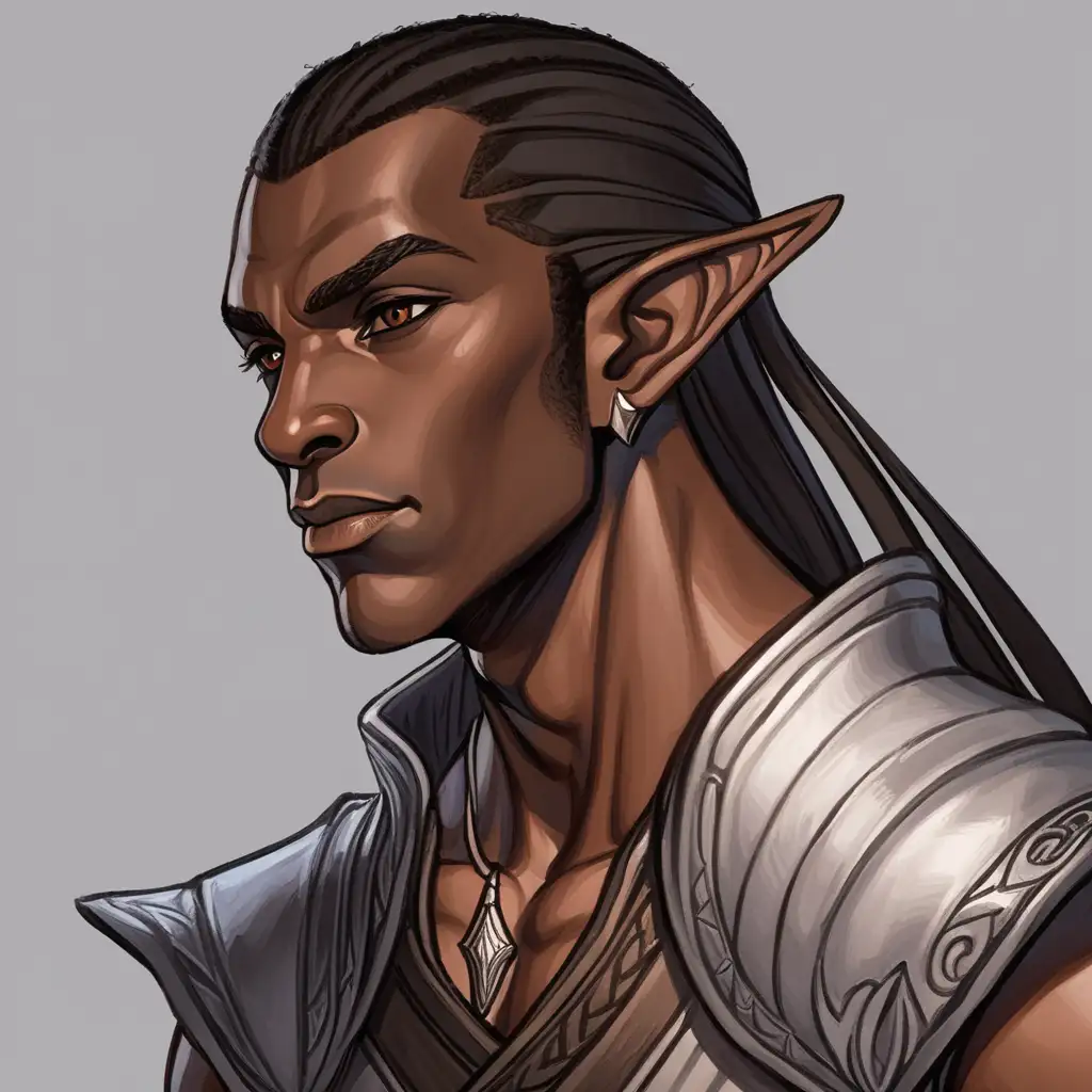 male half-elf, dark skinned, fighter, character artwork, anime style, portrait