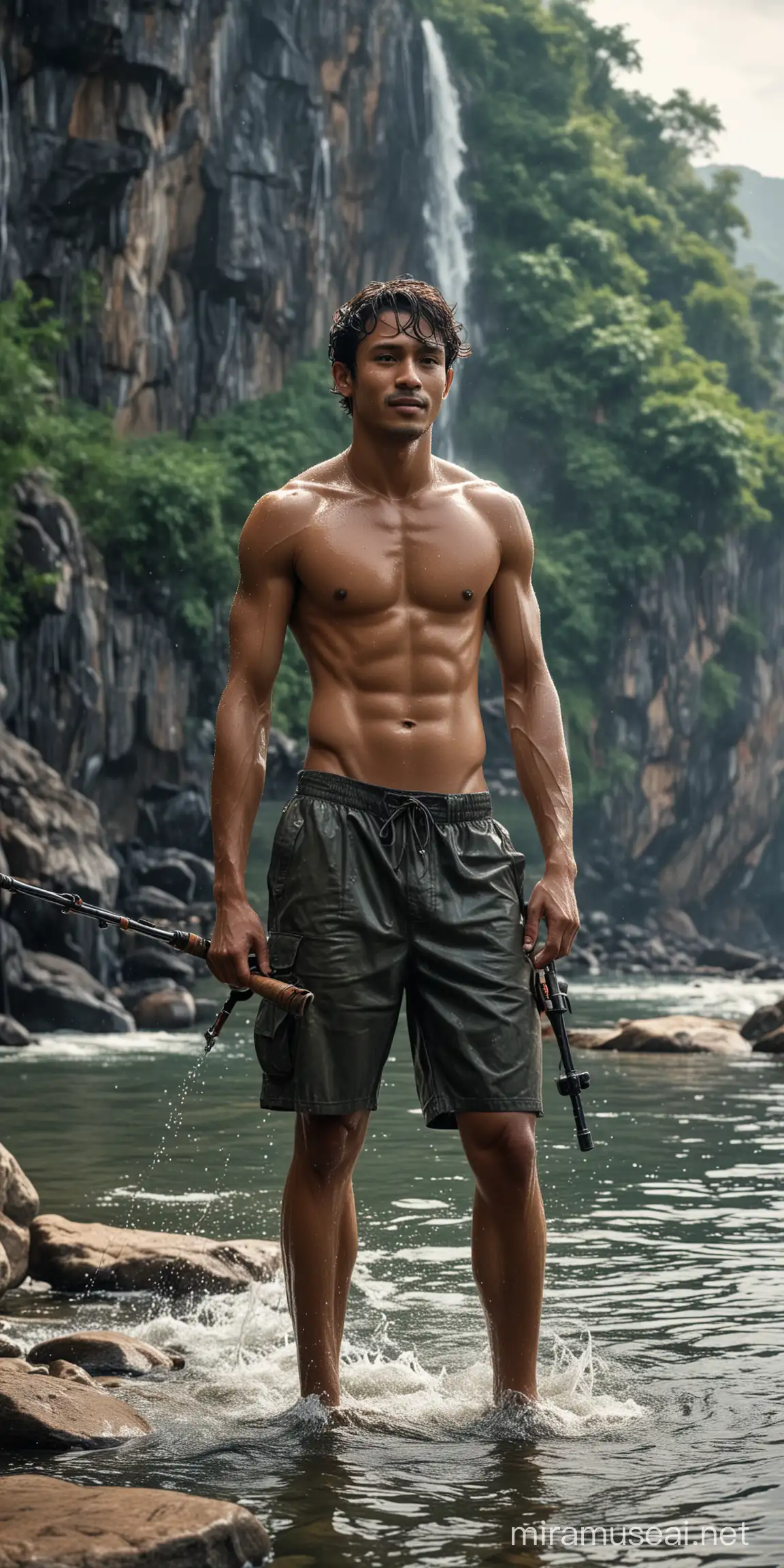 Handsome Indonesian Man Standing on Rock Cliff by Clear River