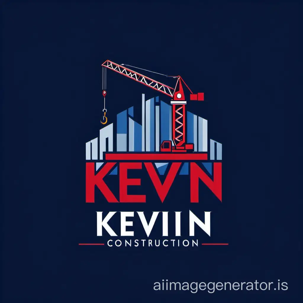 professional logo for a construction company named "kevin construction" must contain the name with dark blue en dark red color. logo contain a crane