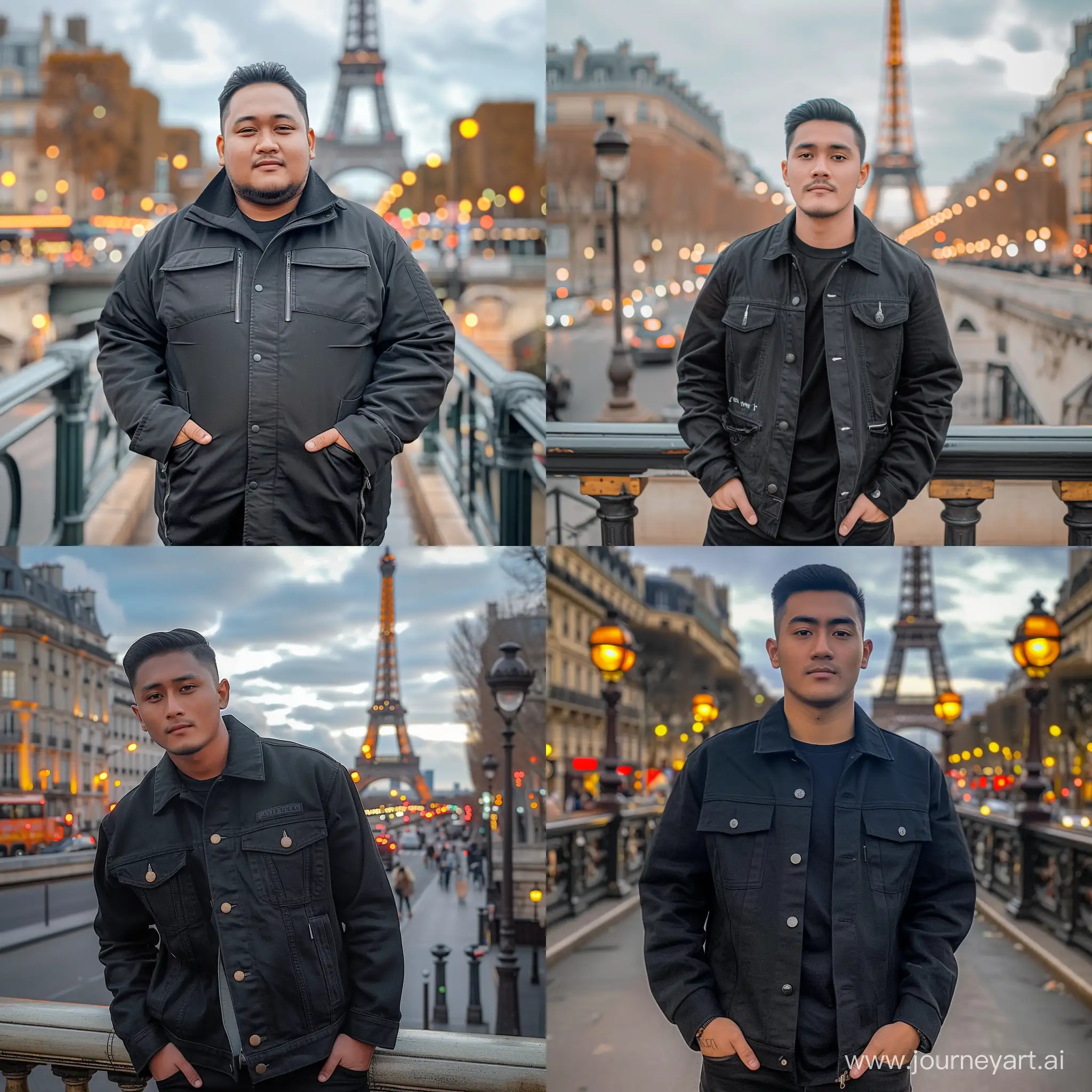 Handsome Indonesian man (25 years old, oval and clean face, slightly fat body, Indonesian skin, wearing a black trucker jacket, standing pose with hands in pockets, photographic style front photo, visible face, view of the Eiffel Tower right behind him, lights around the street and city, standing somewhere on the Paris Bridge, sunny weather during the day.ultra HD, real photo, very detailed, very sharp, 18mm lens, realistic, photography, leica camera
