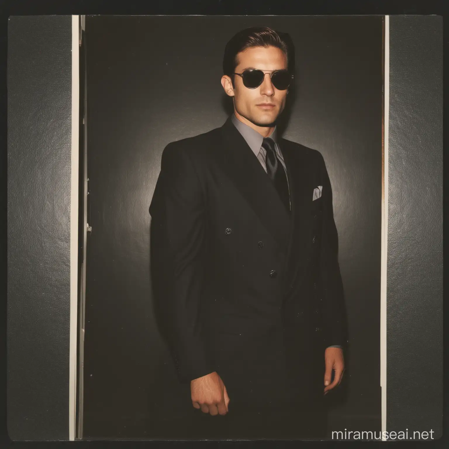 A secret agent with brown greased side parting hair, a black suit, black sunglasses, standing in a dark room. polaroid picture, 1994