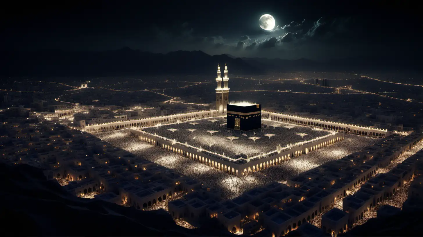 A dark landscape image of an ancient arab society deeply connected to islam, Mecca, muslim activities, 16:9