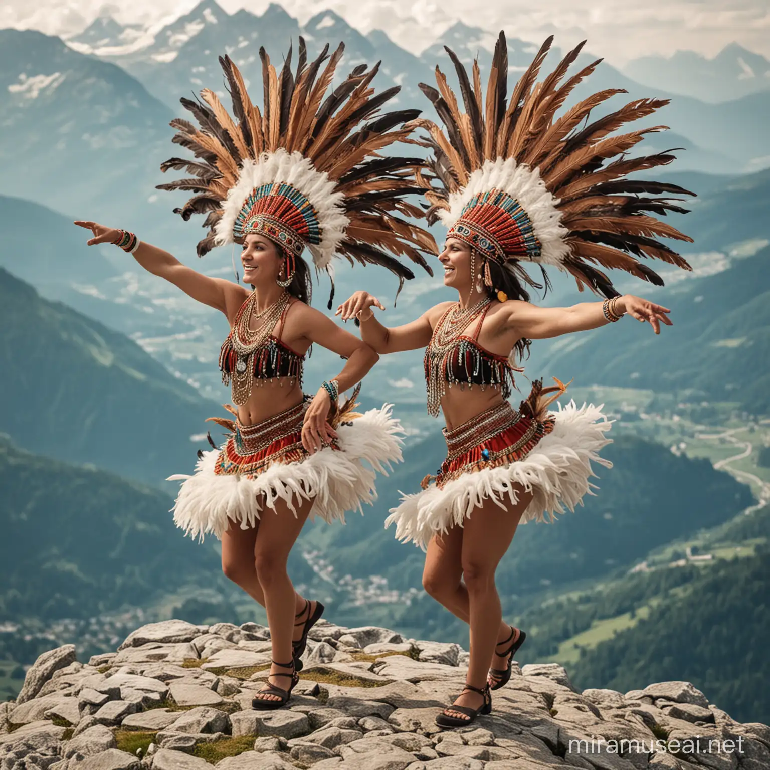 Rasio City Hall Dancers in feathered headdress dancing on top of a Swiss mountaintop