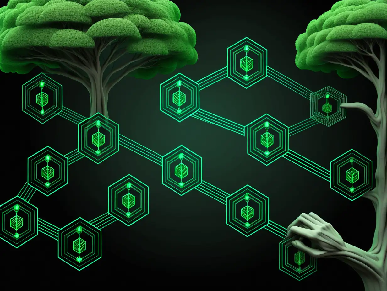green blockchain line tree for website banner, image on right side, black background