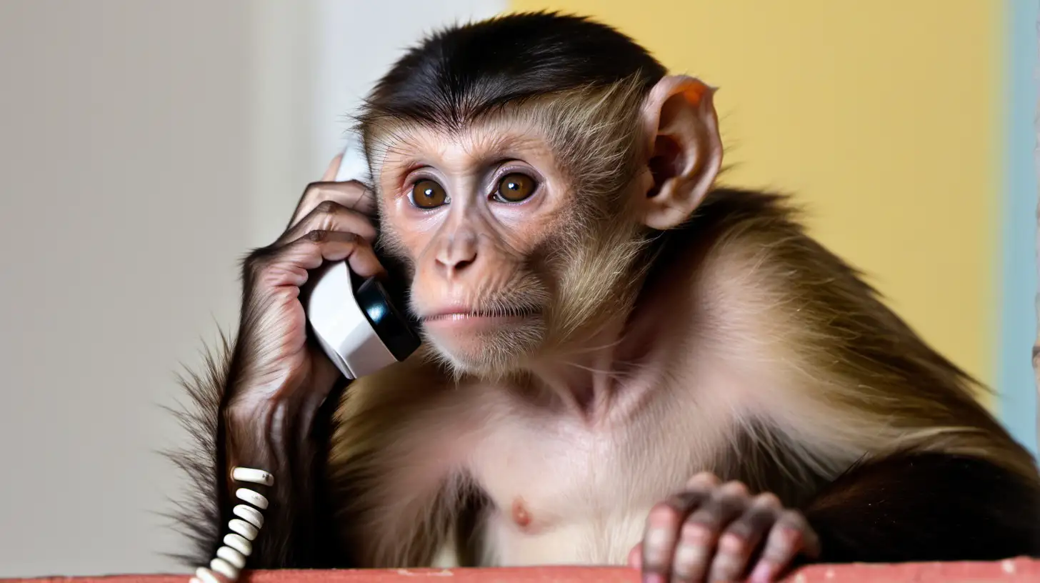 a real life image of a Capuchin monkey making a phone call in a house
