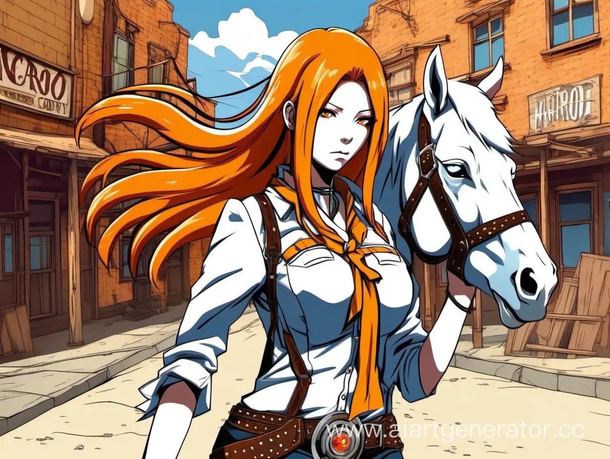 Girl with orange hair. She on street in Wild West city. Near white horse. On girl cowboy suit. In style of anime Naruto