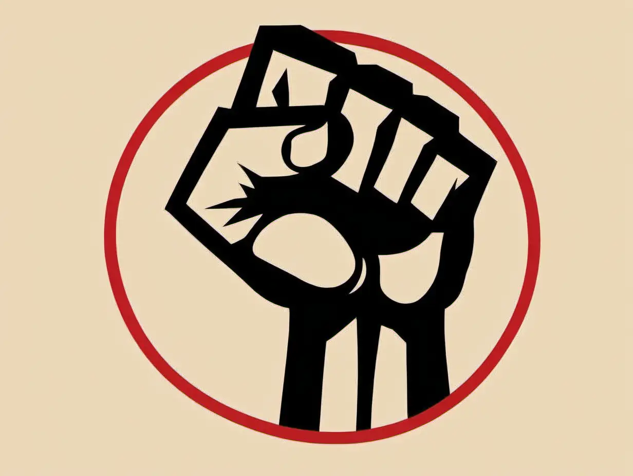 Brown, black power fist, outlined in red