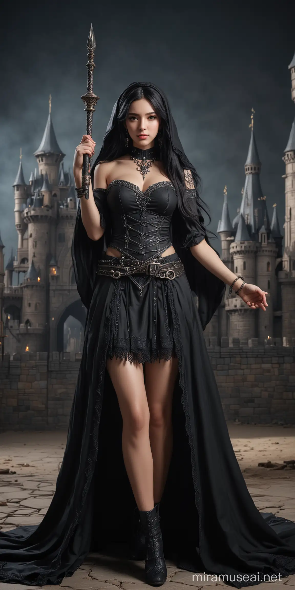 Realistic Beautiful Idol Girl with Ashura Element Witch in Detailed Castle Studio Setting