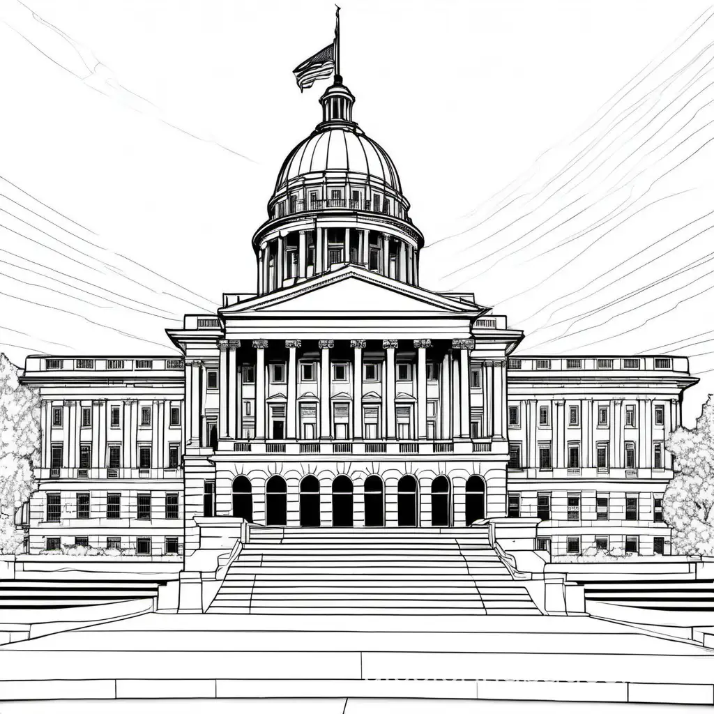 Oklahoma City capital building, black and white line art, white background, Coloring Page, black and white, line art, white background, Simplicity, Ample White Space. The background of the coloring page is plain white to make it easy for young children to color within the lines. The outlines of all the subjects are easy to distinguish, making it simple for kids to color without too much difficulty