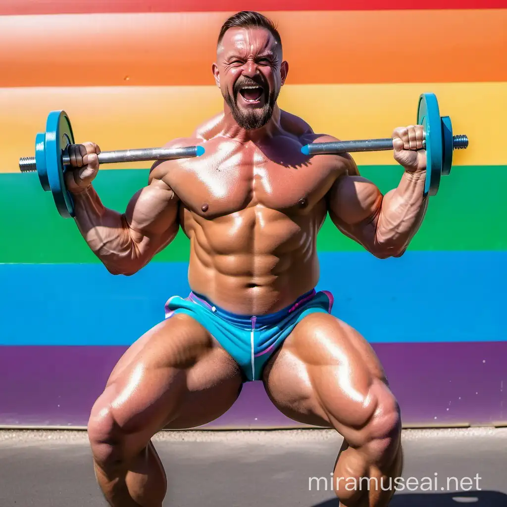 Muscular Man Exercising with RainbowColored Metal Weights
