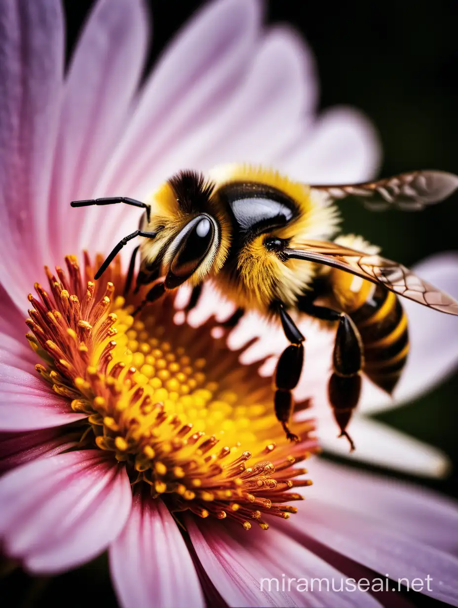 Closeup Macro Shot of Bee Pollinating Flower