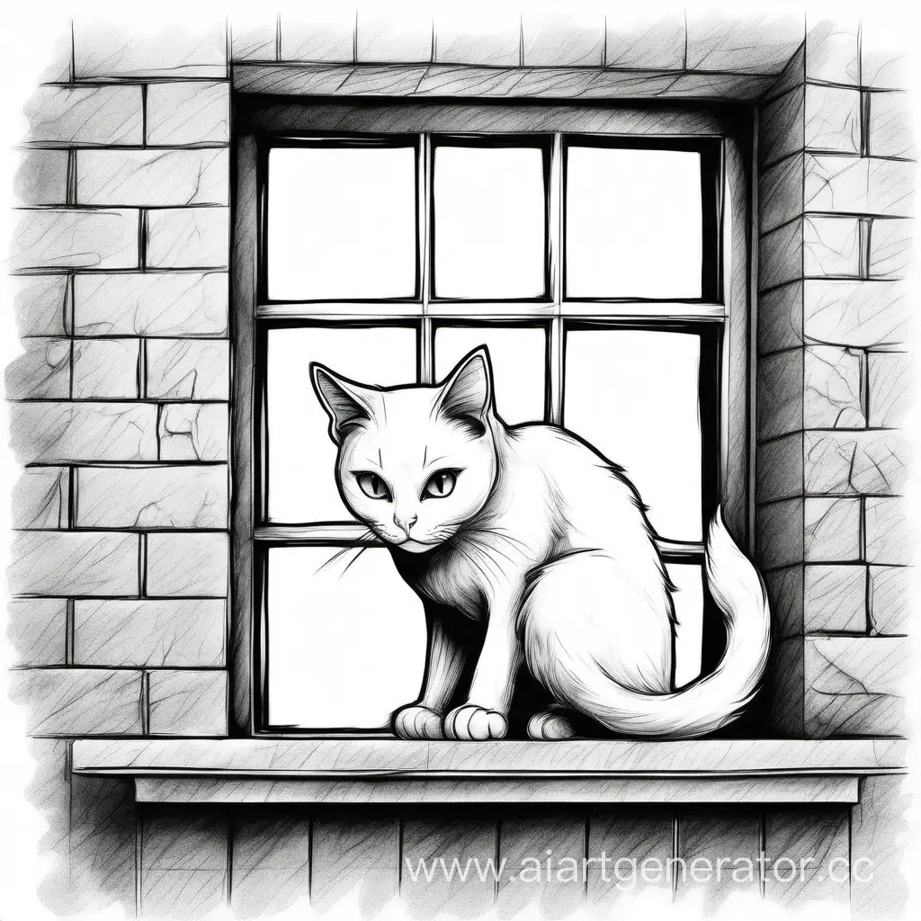 Нарисуй белого кота в саже. Он сидит на подоконнике окна. Готовиться спрыгнуть, но боится. Стиль изображения должен быть карандашным, как набросок, без четких линий.